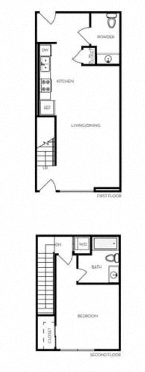 1 Bed 1 Bath 874 square feet floor plan D1 - MFTE Townhouse